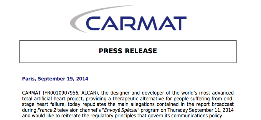 Press release Carmat artifical heart