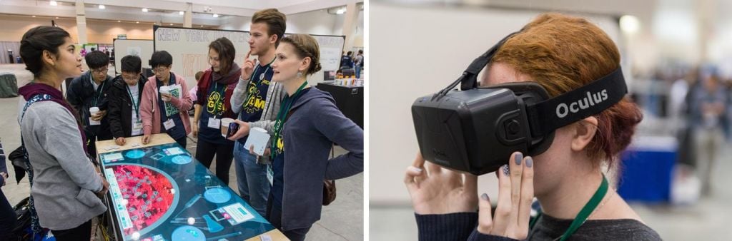 Left: Wellesley's Interactive Museum, Right: The 'Occulus Rift' Virtual reality tech from Team NYU Shanghai (Credit: iGEM Foundation & Justin Knight)