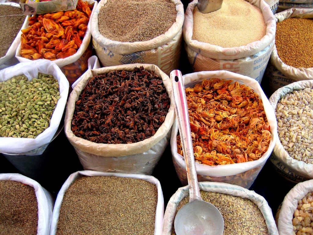 Spices for sale in an enclosed market place (also known as a Souq or 'Medina' in the Mahgreb regions of North Africa - i.e. Morocco, Tunisia etc.) (CC: William Neuheisel)