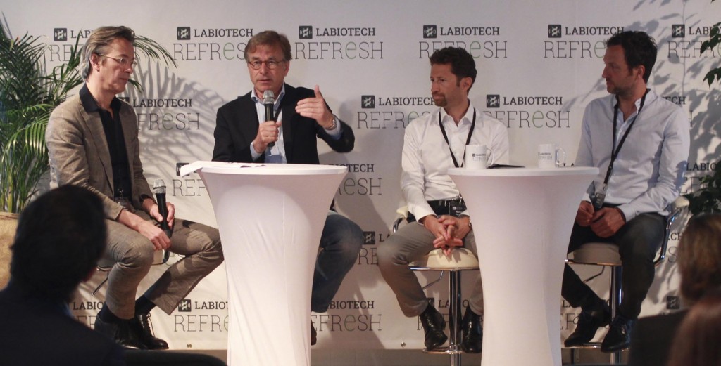 Joern spoke about uniQure and Glybera at Labiotech Refresh in a Gene Therapy panel with Hans Herklots (Managing Director of Capricorn One), Pierluigi Paracchi (CEO of Genenta) and Kilian Guse (CEO of GeneQuine). (CC 3.0 Labiotech / Claire Braun) 