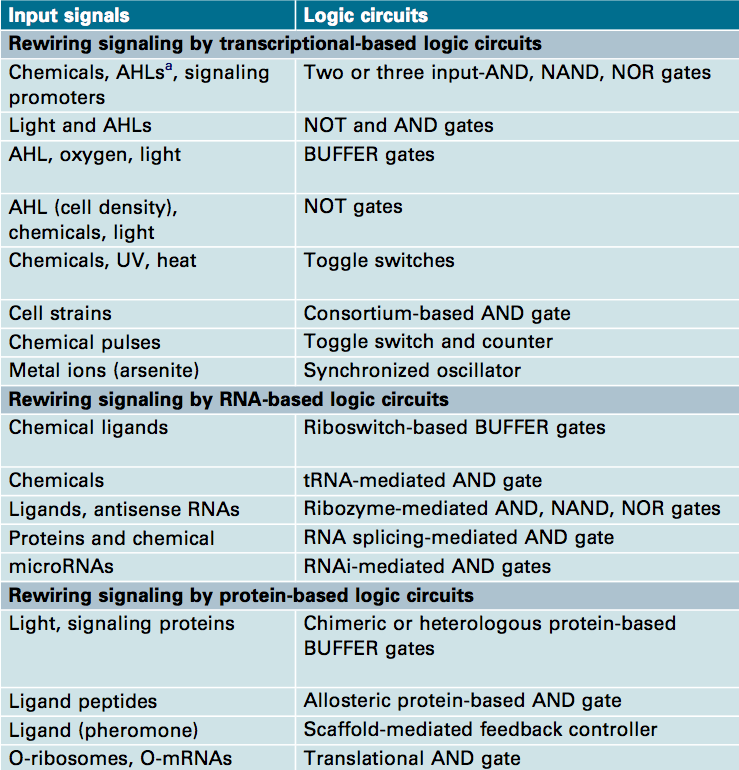 Examples of engineered genetic logic circuits