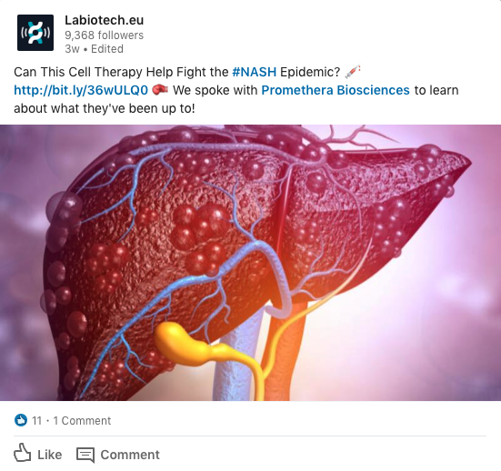 LinkedIn post on Labiotech, for Labiotech Reach, Promethera