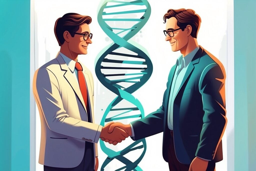 Default illustration of a DNA researcher shaking hand with an 1 1